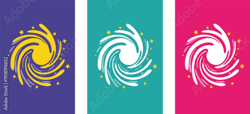 Swirling vortex design elements on vibrant purple teal and pink backgrounds viewed straight on showcasing dynamic graphic illustrations