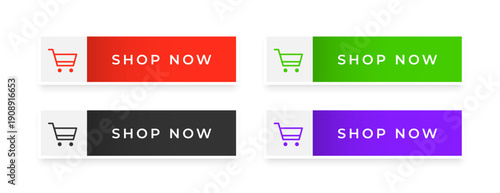 set of web shop now button elements in various color