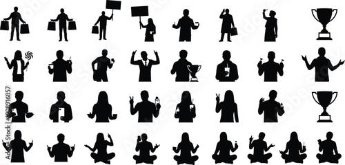 people, silhouette, collection, holding, objects, shopping, protest, coffee, trophy, meditation, pose, poses, black, isolated, illustration, vector, person, 