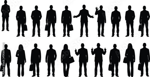 People silhouettes collection holding objects shopping protest coffee trophy meditation poses black isolated illustration set design