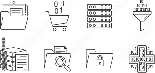Data management and storage icon set with server folder security filter symbols minimal vector design collection