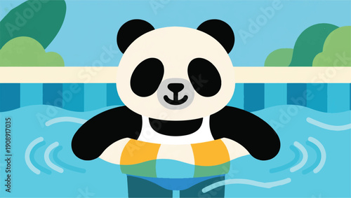 Illustration Of A Panda Wearing A Simple Swimsuit, Swimming Leisurely In The Pool, Healthy Exercise Vector Design Template
