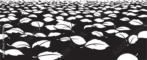 Monochromatic illustration of numerous white leaves on black background