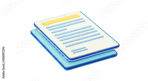 3D Render of Stacked Documents with Blue and Yellow Accents