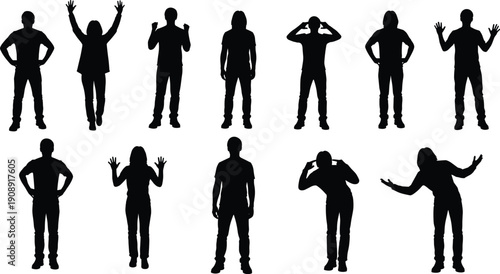 Human silhouettes collection, standing people poses, body language gestures, diverse figures set, communication signs, emotions, expressions, isolated, white background