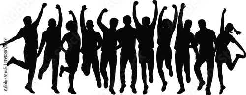Jumping people silhouettes, celebrating crowd poses, raised hands, joyful movement, human figures, energy, freedom, excitement, isolated, white background