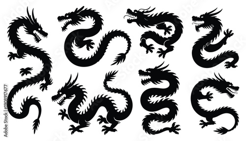 Chinese dragon silhouettes set, two traditional oriental dragon shapes with long serpentine bodies, flowing whiskers and claws, mythological creature symbols, bold black vector illustration isolated.