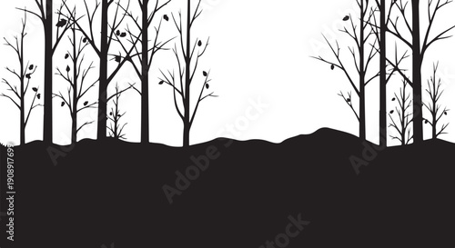 Silhouette of bare trees on a white background landscape