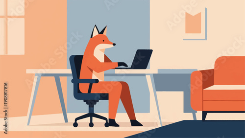 Illustration Of A Fox Working With A Laptop At Home, Ergonomic Sitting Position, Minimalist Table Vector Design Template
