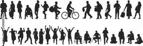 People silhouettes set, daily activities poses, walking sitting jumping actions, diverse figures, lifestyle collection, isolated, white background