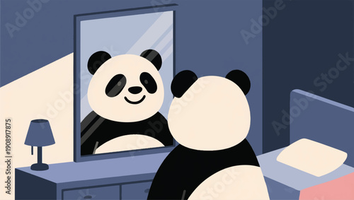 Illustration Of A Smiling Panda In Front Of A Minimalist Bedroom Mirror, An Expression Of Confidence And Happiness Vector Design Template