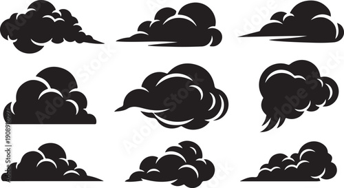 Collection of various black cloud shapes and silhouettes icons