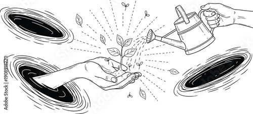 Nurturing Growth Concept: Hand, Plant, Watering Can, Portals with vector illustration