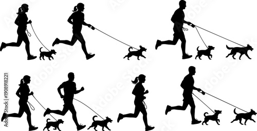 People jogging with dogs silhouettes, runners walking pets, leash training activity, outdoor fitness lifestyle, isolated black vector illustration