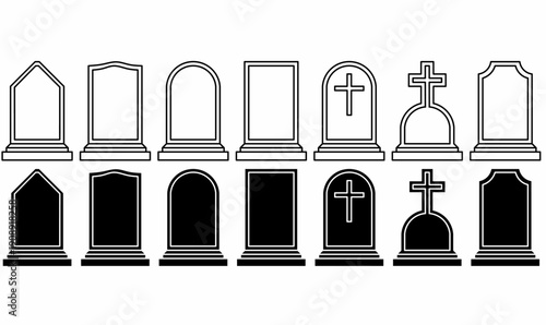 gravestone or tombstone icon set in outline in silhouette style, showing grave markers, headstone,symbol and cemetery shape. for memorial, funeral, history, and halloween designs. vector illustration