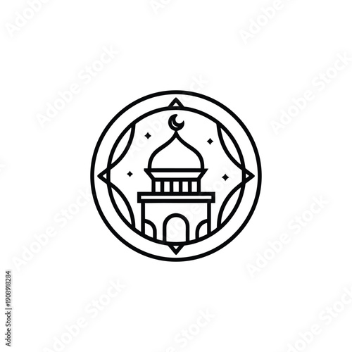 “Minimal black line art Ramadan symbol icon, Islamic spiritual concept inside circular badge outline, clean monoline vector style, thin consistent stroke, geometric balanced design, outline only no fi