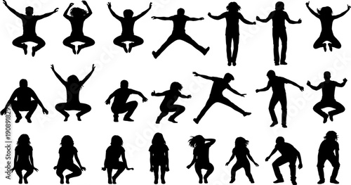 Jumping people silhouettes, dynamic action poses, energetic movement collection, human activity set, isolated black vector illustration design