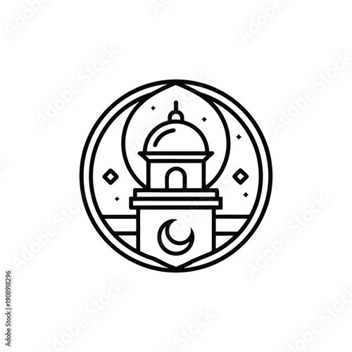 “Minimal black line art Ramadan symbol icon, Islamic spiritual concept inside circular badge outline, clean monoline vector style, thin consistent stroke, geometric balanced design, outline only no fi