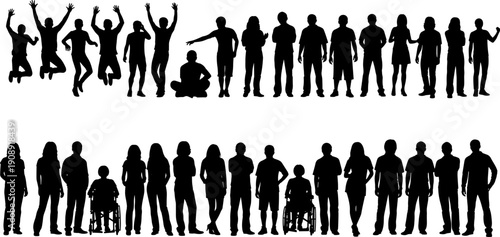 People silhouettes set, diverse standing jumping poses, inclusive human figures, isolated black vector illustration, social diversity concept