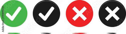 A set of four circular icons displaying check marks and crosses on contrasting backgrounds viewed from directly above