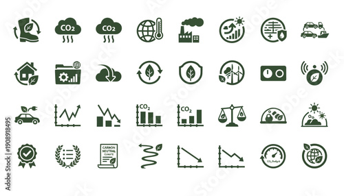 Carbon Climate Footprint Solid Filled Icons - Climate Change Emission Impact Symbols for Professional Use
