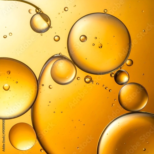 A close-up view of numerous translucent golden bubbles of varying sizes