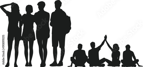 Diverse group of people in silhouette standing and sitting on white background Keywords: silhouette, people, group, standing