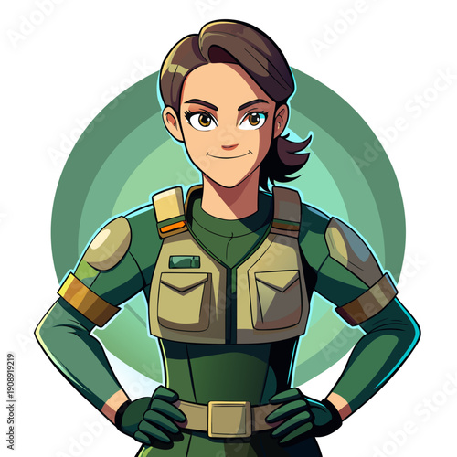 Confident Female Army Soldier in Tactical Uniform, Empowering Military Portrait, Flat Vector