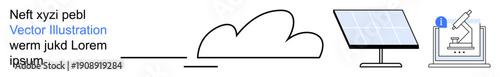 Renewable energy, sustainability, eco-friendly technology, solar power, climate science, innovation. Line art with solar panel, cloud and a laboratory setup. Renewable energy and sustainability