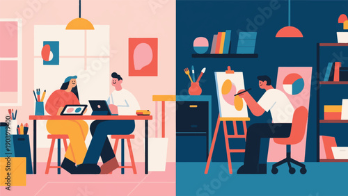 Illustration Of A Traditional Artist Working In A Modern Creative Studio With A Digital Tablet And Traditional Tools Vector Design Template