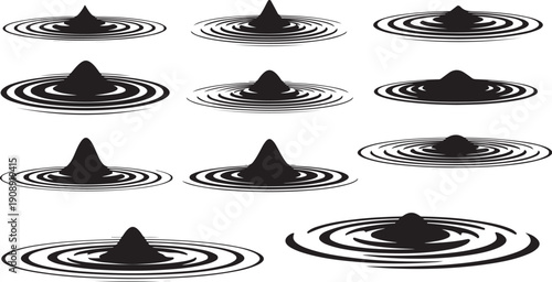 Black stones dropping into water creating ripples isolated white