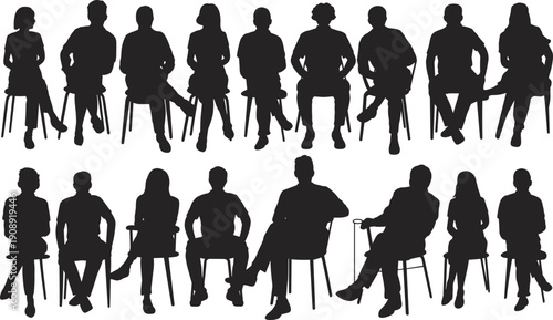 Diverse group of people silhouettes sitting on chairs in two rows Keywords: silhouette, people, group, sitting, chairs, men