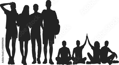 Diverse group of people silhouettes standing and sitting with backpacks on white background vector illustration
