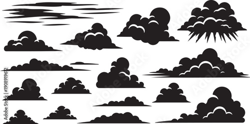 Collection of various cloud shapes and sunburst silhouettes