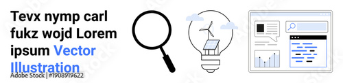 Renewable energy, data analysis, innovation, sustainability, online research, and technology . Magnifying glass, solar-powered lightbulb and webpage analytics interface. Renewable energy and data