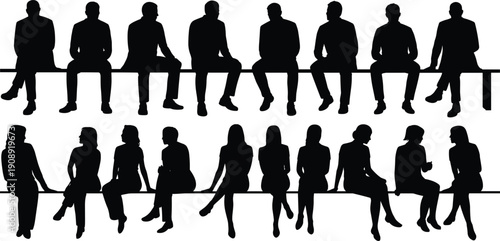 Diverse group of seated male and female silhouettes against a white background people women