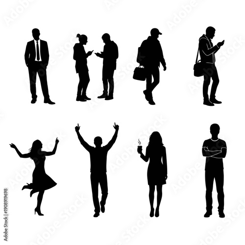 Urban People Silhouettes with Smartphones and Coffee Cups