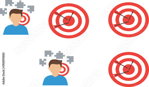 Business target achievement concept with person icons and bullseye dartboard success flat vector illustration set