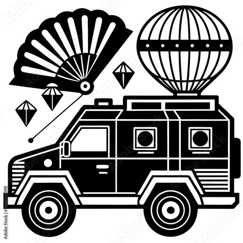 Armored Vehicle Supply Truck with Parachute, Flat Vector Illustration of Military Logistics and Transport
