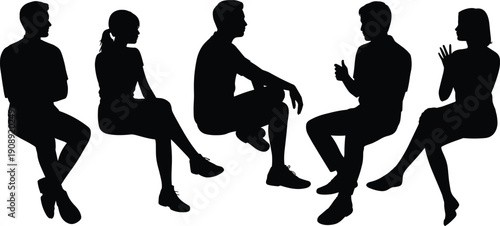 Five people silhouettes sitting in conversation and relaxation poses group