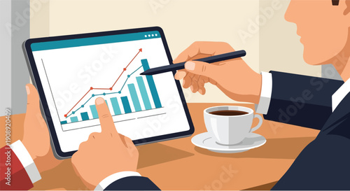 Business professionals analyzing financial data on a tablet with graphs and charts, representing growth and success