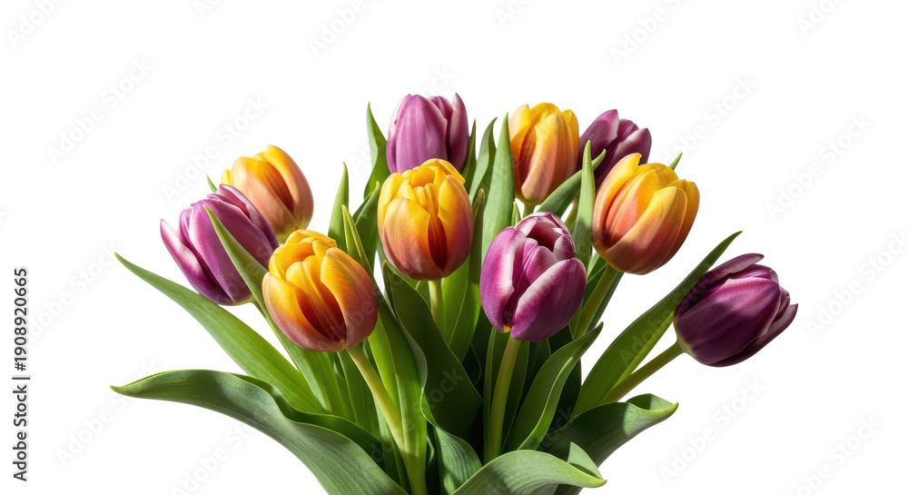 Fototapeta premium A bouquet of colorful tulips on a transparent background, isolated on transparent background