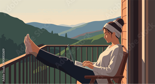A woman working on her laptop while enjoying a peaceful view from her balcony, surrounded by rolling hills and lush greenery