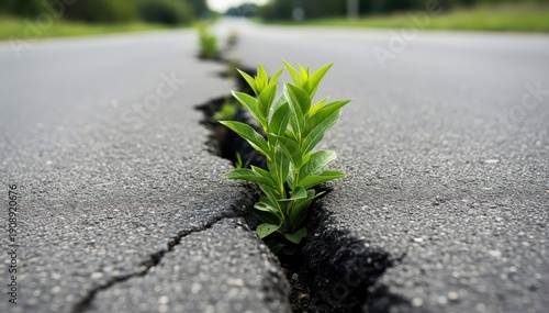 Resilience of Life: A vibrant green plant defiantly sprouts from a crack in the asphalt, symbolizing the indomitable spirit of life and the tenacity of nature.