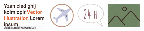 Travel services, customer support, global accessibility, journey planning, landscape , user interface design. Airplane, 24H speech bubble and mountain landscape symbols. Travel services and customer