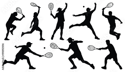Tennis silhouettes set, player action poses with racket and ball, serving, forehand and backhand shots collection, sport competition symbols, dynamic athlete shapes, clean black vector illustration.