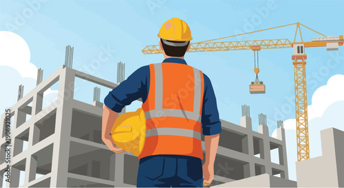 Construction worker with hard hat and safety vest overseeing a new building development with a crane in the background