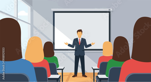 Speaker presenting to an audience in a classroom with a projector screen and chairs