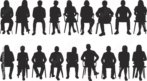 Silhouette collection of men and women sitting on chairs in two rows group people