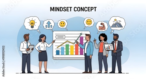 Mindset concept illustration with business team, diverse professionals analyzing growth charts, positive thinking and mental attitude for success